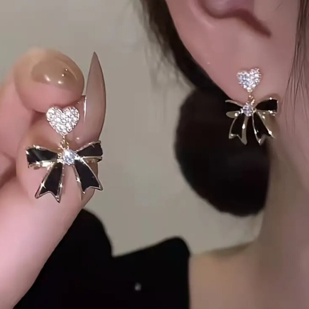 NEW gold heart stud earrings with dangling black bow, coquette bow earrings